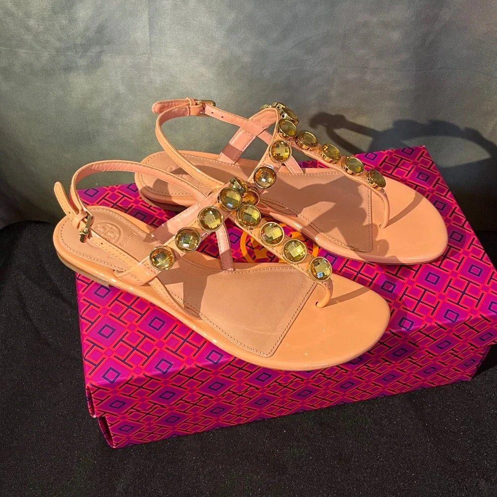 Tory Burch Mariah Flat Thong‎ Sandals Sorbet Pink Patent Crystal Womens 7